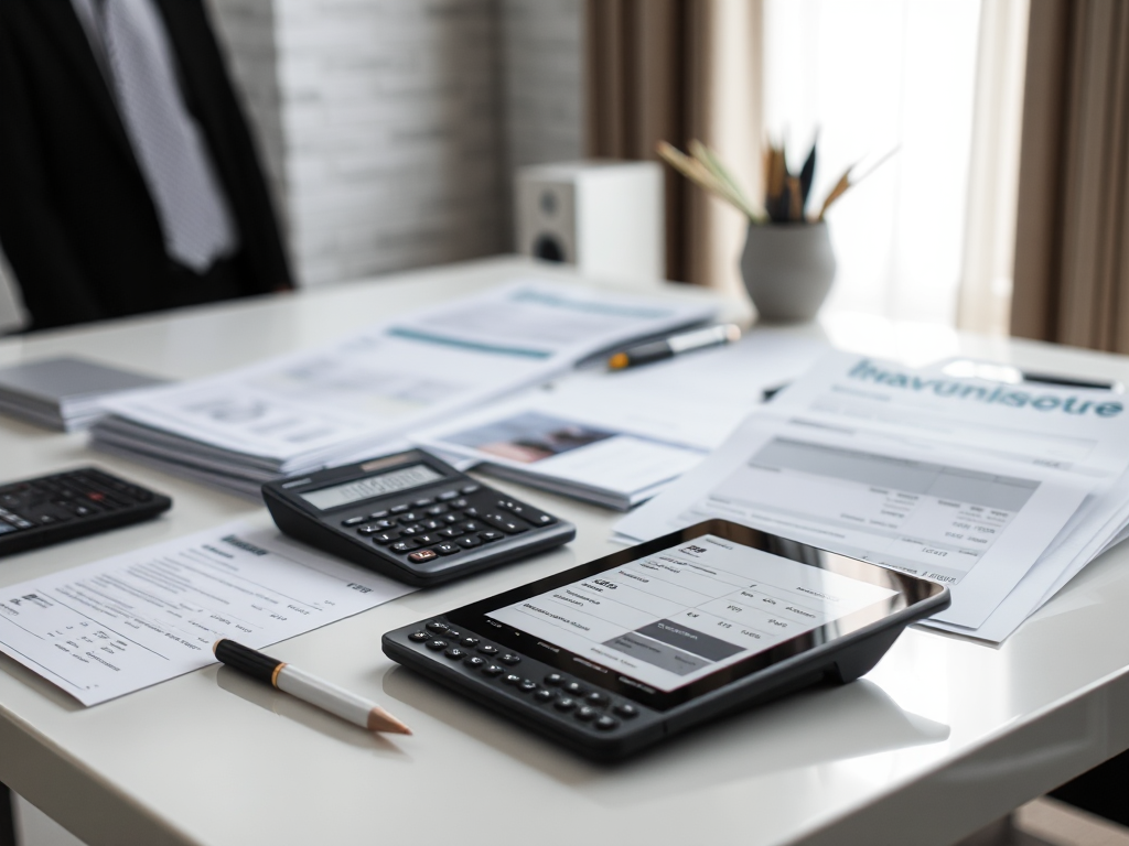 Bàn làm việc văn phòng hiện đại với các loại hóa đơn GTGT và tài liệu được sắp xếp gọn gàng, máy tính chuyên nghiệp, bút và máy tính bảng hiển thị mẫu hóa đơn, không gian làm việc sạch sẽ với ánh s...