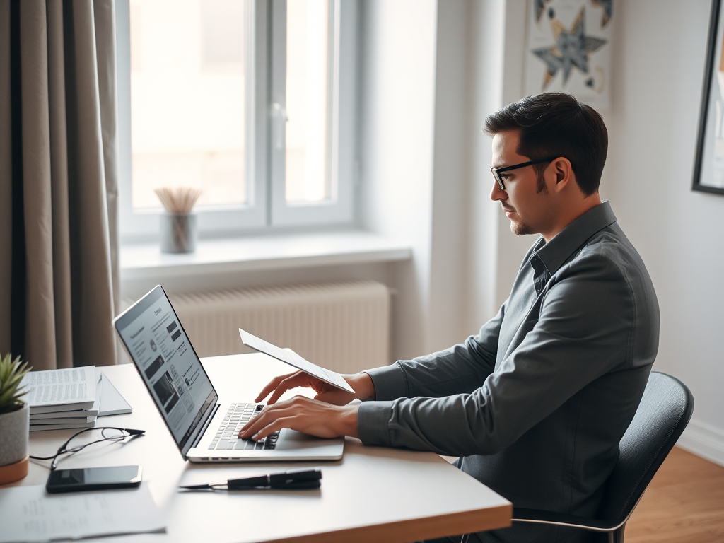 Chuyên gia đang làm việc từ xa trên máy tính xách tay với tài liệu số trong văn phòng tại nhà hiện đại, ánh sáng tự nhiên từ cửa sổ, thiết kế tối giản sạch sẽ