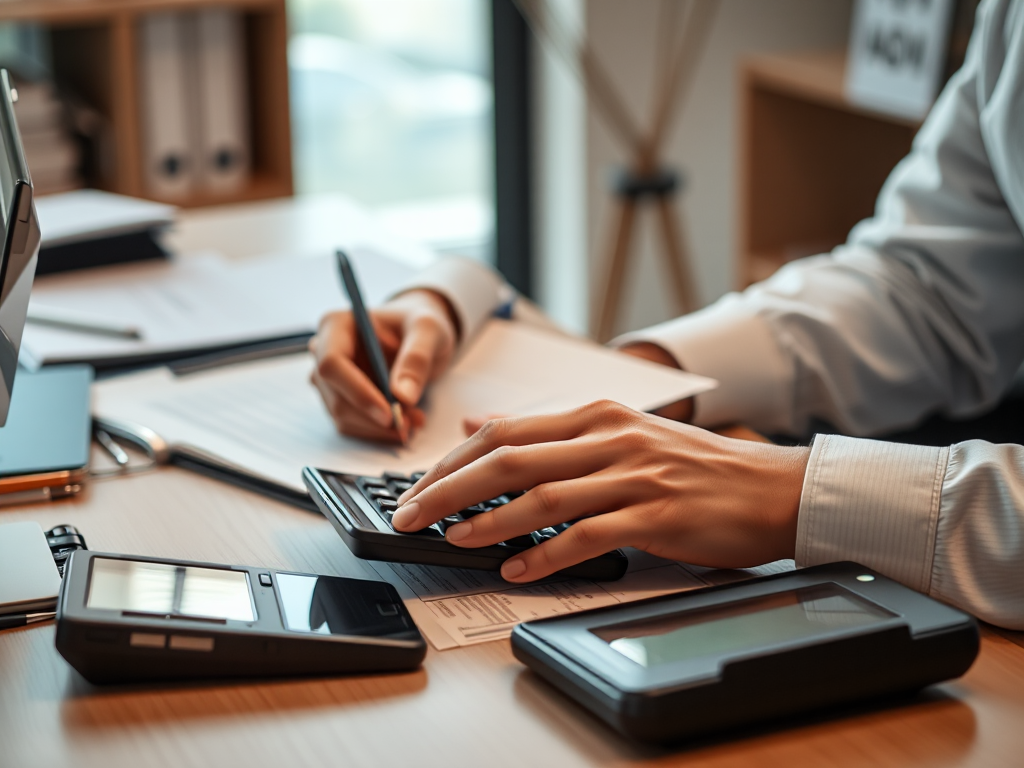 Chuyên viên kế toán đang làm việc với các biểu mẫu kê khai thuế GTGT trên bàn làm việc, sử dụng máy tính và tài liệu thuế, không gian văn phòng hiện đại.