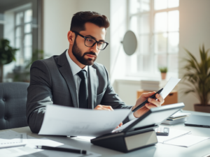 Chuyên viên kế toán đang làm việc với hóa đơn và máy tính trong văn phòng hiện đại, ánh sáng tự nhiên chiếu qua cửa sổ, không gian làm việc tài chính chuyên nghiệp