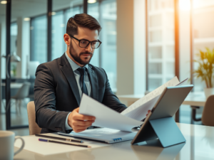 Chuyên viên kế toán đang làm việc với tài liệu và máy tính bảng trong văn phòng hiện đại, ánh sáng tự nhiên ấm áp, môi trường làm việc chuyên nghiệp