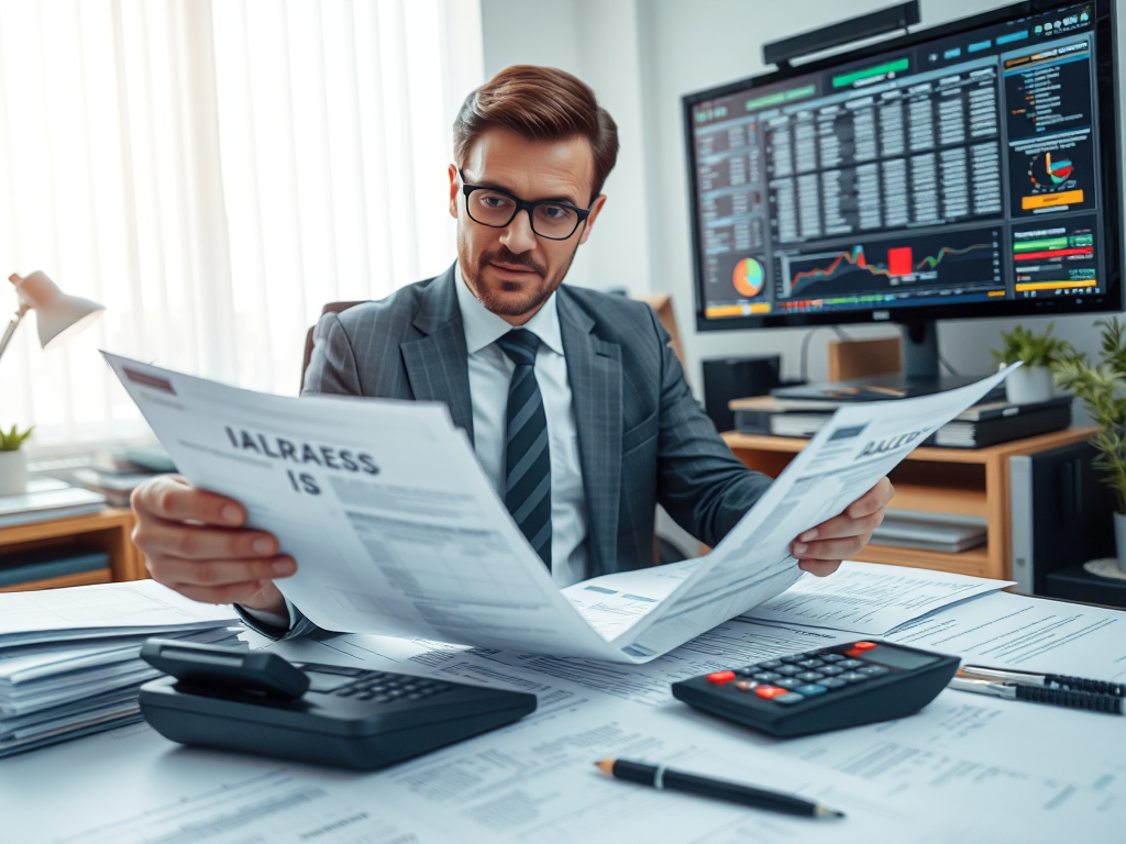 Chuyên viên kế toán đang xem xét tài liệu thuế tại bàn làm việc với giấy tờ được sắp xếp gọn gàng, máy tính và màn hình hiển thị dữ liệu tài chính trong văn phòng doanh nghiệp