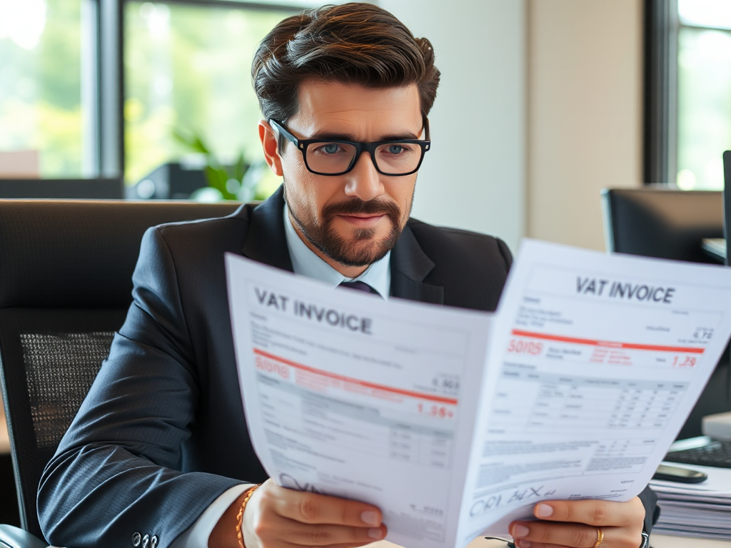 Chuyên viên kế toán kiểm tra hóa đơn VAT với các lỗi được đánh dấu màu đỏ trên bàn làm việc văn phòng dưới ánh sáng tự nhiên