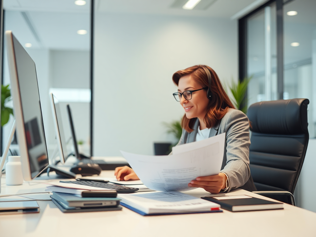 Chuyên viên kế toán làm việc tại văn phòng hiện đại với máy tính và tài liệu, thể hiện quy trình xử lý hóa đơn VAT từ xa an toàn và tiện lợi