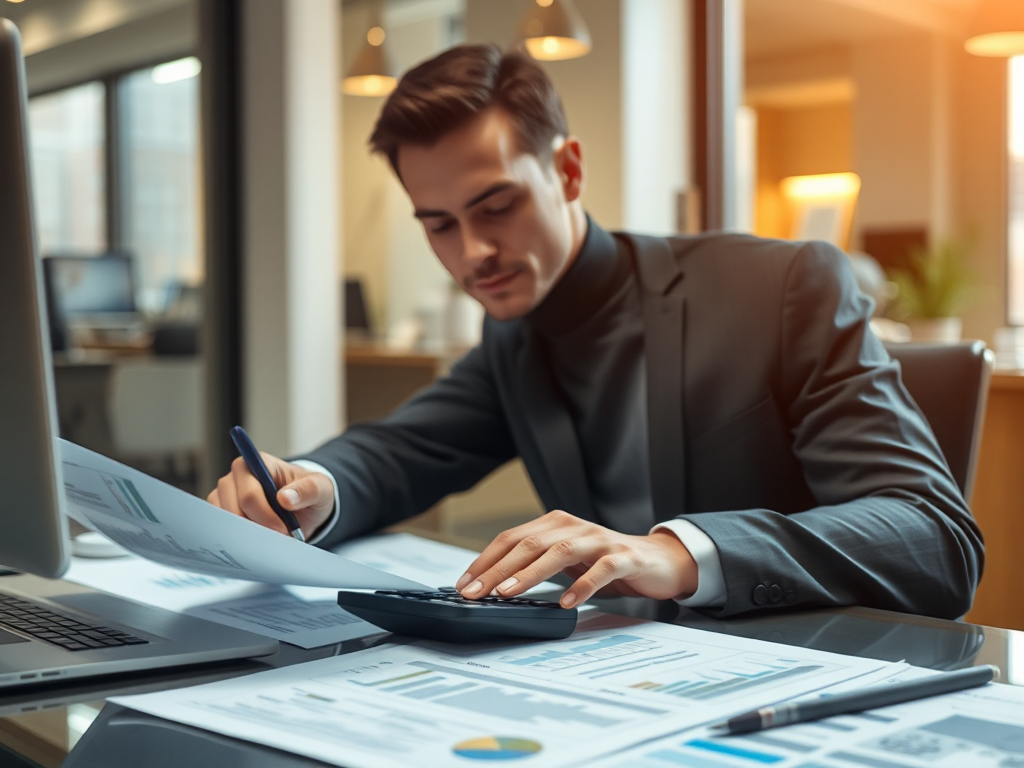 Chuyên viên kế toán phân tích tài liệu tài chính tại bàn làm việc, máy tính và giấy tờ, ánh sáng văn phòng ấm áp, phong cách nhiếp ảnh doanh nghiệp