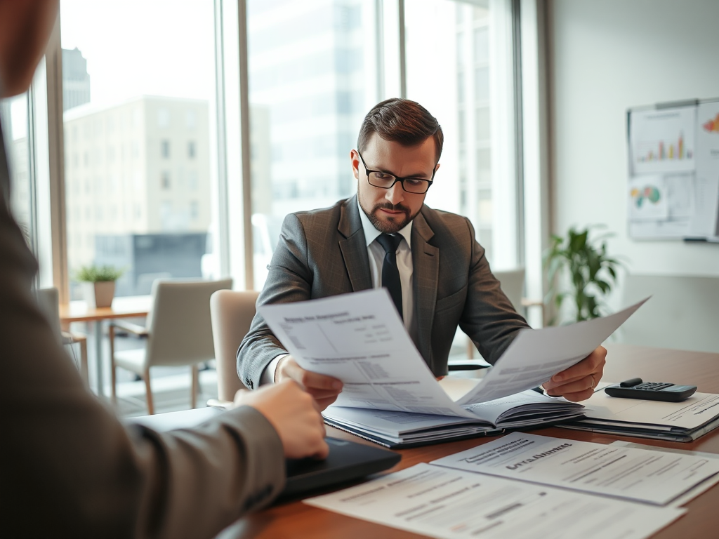 Chuyên viên kế toán phân tích tài liệu tài chính trong văn phòng hiện đại với ánh sáng tự nhiên dịu nhẹ, giấy tờ chi tiết và máy tính trên bàn làm việc