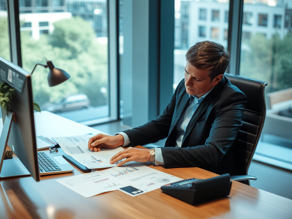 Chuyên viên kế toán xem xét hồ sơ bất động sản tại bàn làm việc văn phòng hiện đại, tài liệu và máy tính hiện rõ, ánh sáng tự nhiên từ cửa sổ