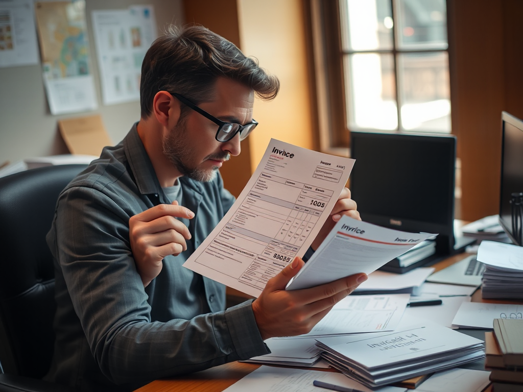 Công nhân văn phòng kiểm tra hóa đơn đỏ bằng kính lúp trên bàn làm việc lộn xộn giấy tờ, ánh sáng tự nhiên từ cửa sổ, phong cách nhiếp ảnh doanh nghiệp chân thực