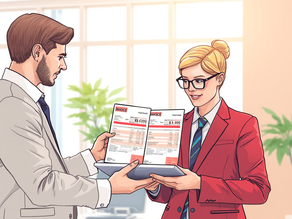 Hai chuyên gia kinh doanh so sánh hóa đơn đỏ và hóa đơn thường trên máy tính bảng, văn phòng hiện đại với ánh sáng tự nhiên, minh họa phong cách doanh nghiệp