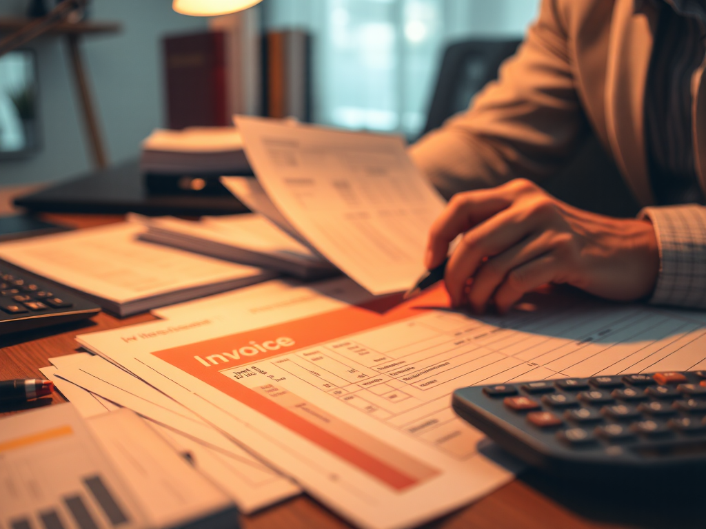 Hình ảnh người kế toán đang sắp xếp các loại hóa đơn đỏ trên bàn làm việc với ánh sáng văn phòng ấm áp, tập trung vào các tài liệu hóa đơn đỏ chi tiết cùng máy tính và bút nghiệp vụ