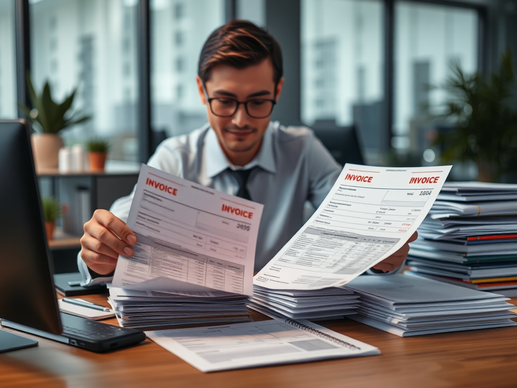 Hình ảnh so sánh hóa đơn đỏ và hóa đơn thường trên bàn làm việc, tài liệu được sắp xếp gọn gàng trong văn phòng hiện đại với ánh sáng tự nhiên dịu nhẹ