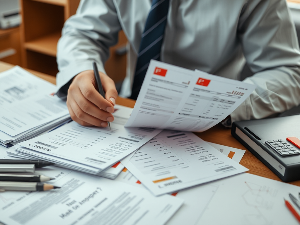 Hình ảnh so sánh hóa đơn đỏ và hóa đơn thường trên bàn làm việc, tài liệu được sắp xếp gọn gàng trong môi trường văn phòng chuyên nghiệp