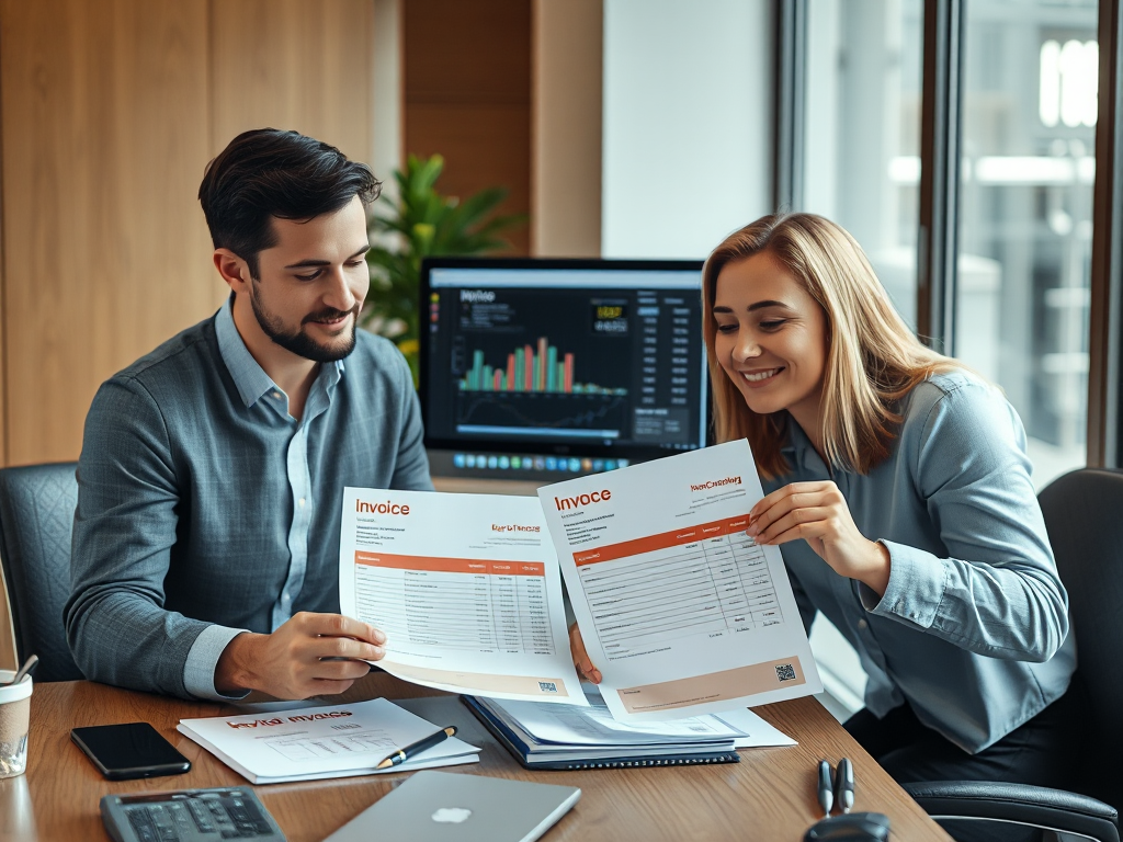 Hình ảnh so sánh hóa đơn đỏ và hóa đơn thường với hai chuyên gia đang xem xét tài liệu trên bàn làm việc, màn hình máy tính hiển thị phần mềm kế toán trong văn phòng hiện đại.