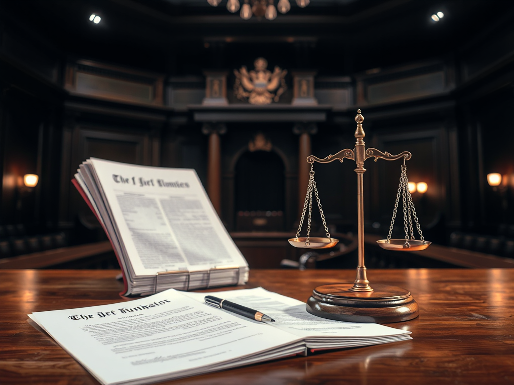 Hình ảnh tài liệu pháp lý và cân công lý trên bàn gỗ, ánh sáng tòa án kịch tính, minh họa khái niệm pháp lý nghiêm túc về bán hóa đơn khống