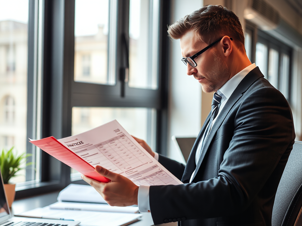 Kế toán đang kiểm tra hóa đơn đỏ trong văn phòng, biểu cảm tập trung, ánh sáng tự nhiên từ cửa sổ, phong cách chụp ảnh doanh nghiệp chuyên nghiệp