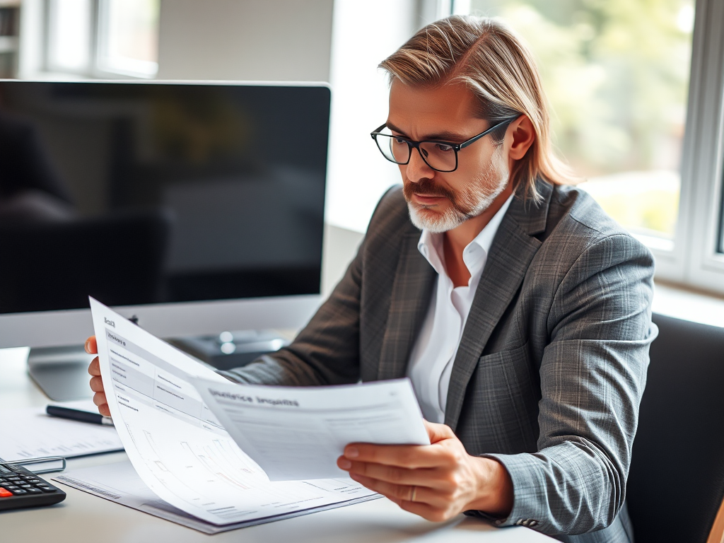 Kế toán đang xem xét hóa đơn đầu ra tại bàn làm việc, biểu cảm tập trung, văn phòng có máy tính và máy tính bỏ túi, ánh sáng tự nhiên từ cửa sổ