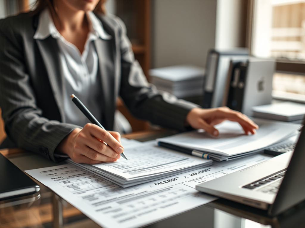 Kế toán sắp xếp các mẫu biểu thuế GTGT trên bàn làm việc, văn phòng chuyên nghiệp với ánh sáng tự nhiên, môi trường làm việc thuế chuyên nghiệp