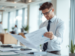 Kế toán viên chuyên nghiệp đang xem xét tài liệu tài chính trong văn phòng hiện đại với ánh sáng tự nhiên dịu nhẹ, thể hiện hoạt động kế toán doanh nghiệp