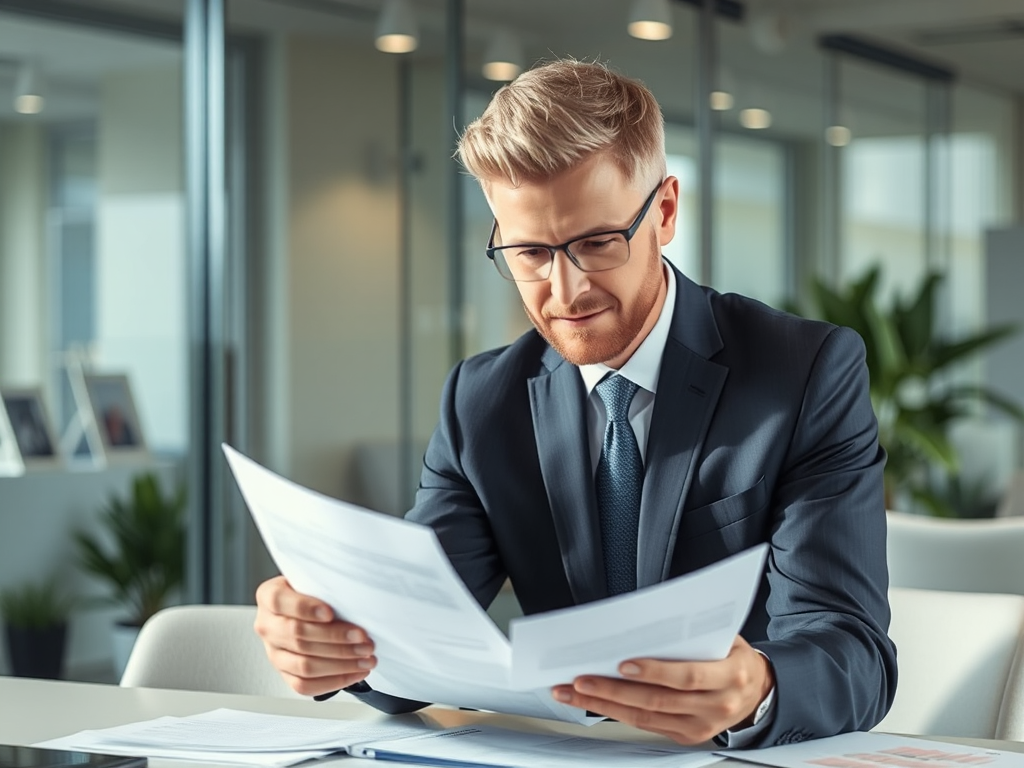 Kế toán viên chuyên nghiệp đang xem xét tài liệu tài chính trong văn phòng hiện đại với ánh sáng tự nhiên dịu nhẹ, tạo không gian làm việc chuyên nghiệp.