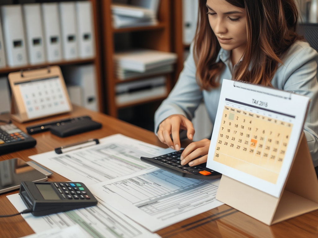 Kế toán viên đang làm việc tại bàn với các biểu mẫu thuế, máy tính và lịch, tập trung vào hạn nộp tờ khai thuế GTGT trong môi trường văn phòng chuyên nghiệp