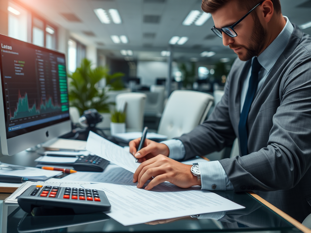 Kế toán viên đang làm việc tại bàn với giấy tờ, máy tính và màn hình hiển thị dữ liệu tài chính trong văn phòng công ty, tạo không khí chuyên nghiệp cho quy trình làm hóa đơn đỏ.