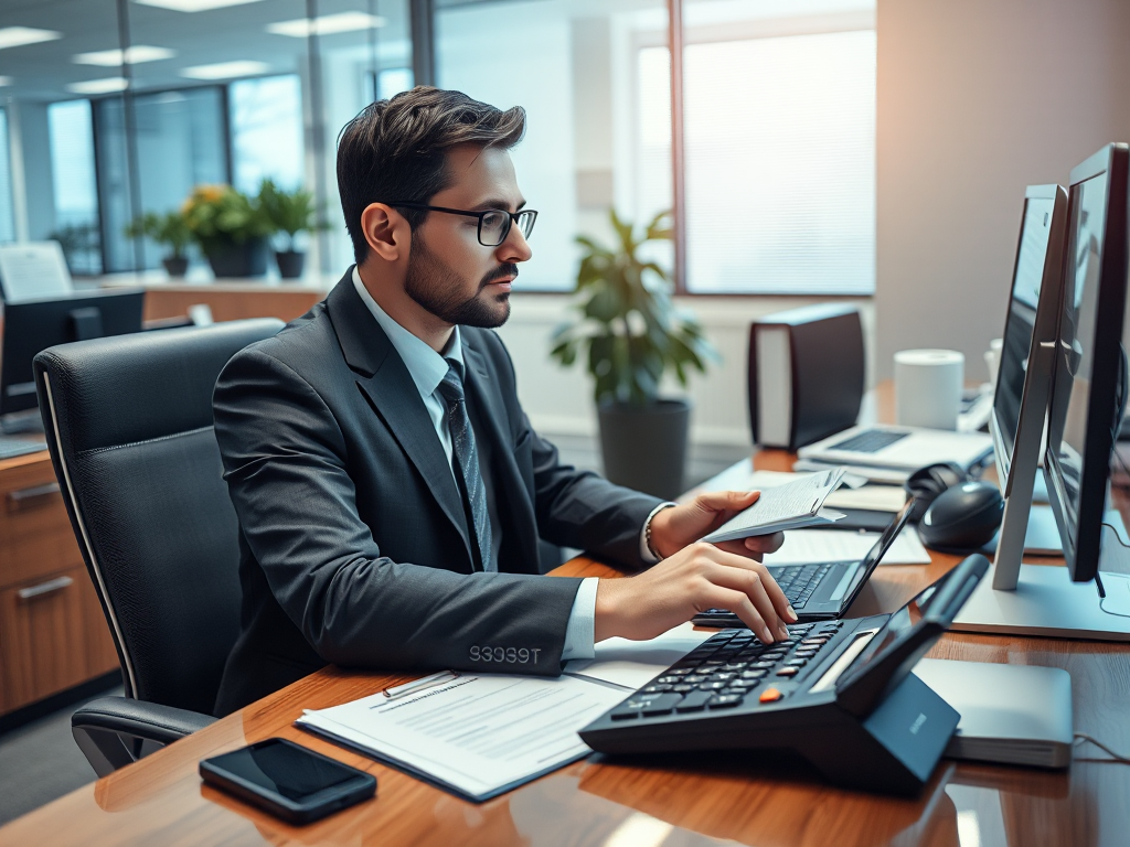 Kế toán viên đang làm việc tại bàn với máy tính, máy tính bỏ túi và tài liệu, không gian văn phòng chuyên nghiệp với ánh sáng tự nhiên, môi trường làm việc doanh nghiệp