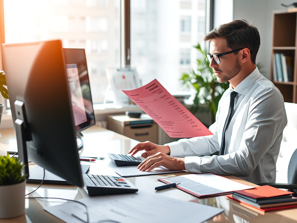 Kế toán viên đang làm việc với hóa đơn đỏ trong văn phòng hiện đại, máy tính và máy tính bỏ túi trên bàn làm việc, ánh sáng tự nhiên chiếu qua cửa sổ, tài liệu tài chính được sắp xếp gọn gàng