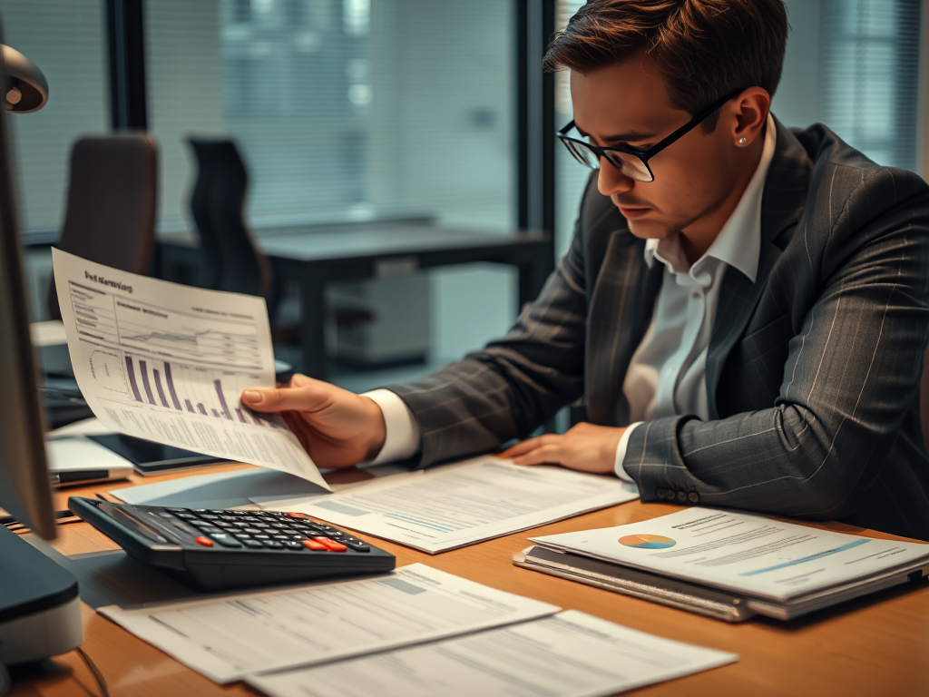 Kế toán viên đang phân tích hóa đơn VAT trên bàn làm việc với máy tính và tài liệu tài chính, ánh sáng văn phòng dịu nhẹ, chụp ảnh doanh nghiệp chuyên nghiệp