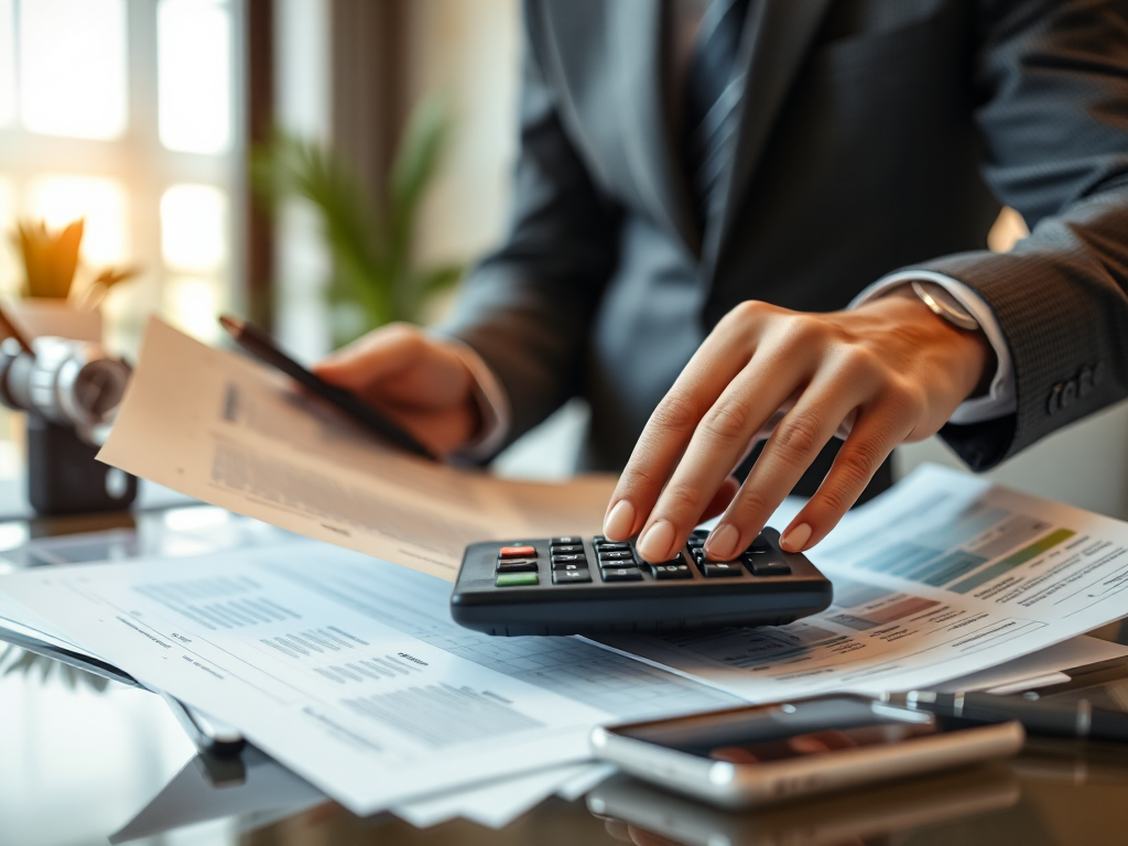 Kế toán viên đang phân tích tài liệu tài chính với máy tính và giấy tờ trên bàn làm việc, không gian văn phòng chuyên nghiệp với ánh sáng ấm áp