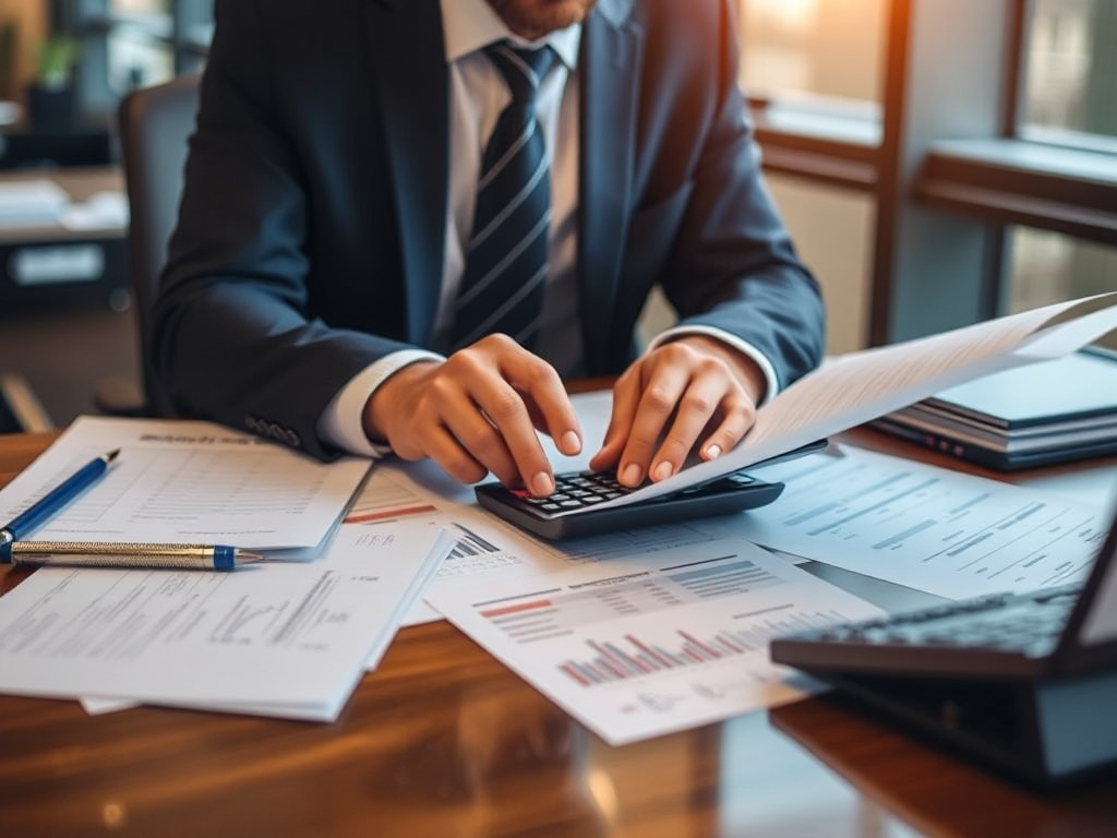 Kế toán viên đang xem xét các hóa đơn và tài liệu tài chính trên bàn làm việc, máy tính cầm tay và giấy tờ được sắp xếp gọn gàng trong văn phòng công ty