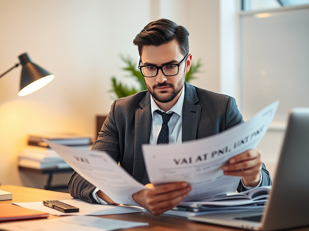 Kế toán viên đang xem xét hồ sơ hóa đơn VAT tại bàn làm việc, giấy tờ được sắp xếp gọn gàng, ánh sáng văn phòng ấm áp, phong cách nhiếp ảnh doanh nghiệp