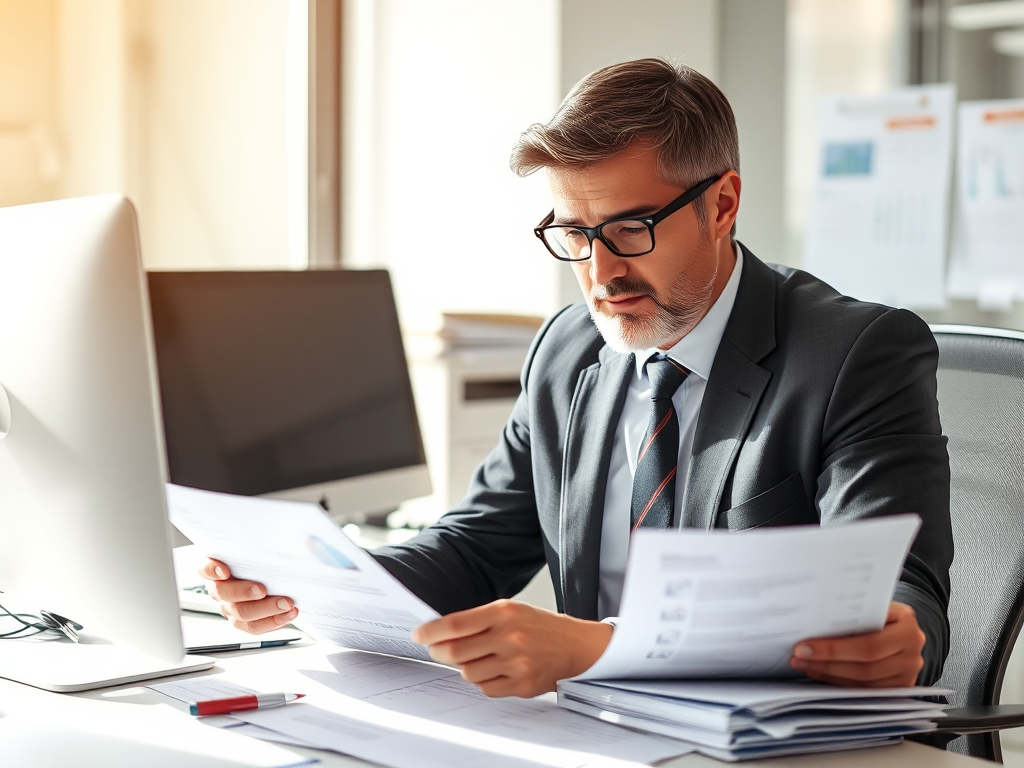 Kế toán viên đang xem xét hồ sơ nhập khẩu trên bàn làm việc, máy tính và giấy tờ xung quanh, ánh sáng tự nhiên từ cửa sổ chiếu vào văn phòng