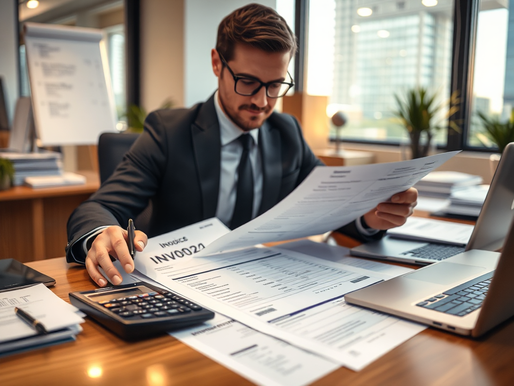 Kế toán viên đang xem xét hóa đơn thuê văn phòng tại bàn làm việc, giấy tờ được sắp xếp gọn gàng, máy tính và laptop, ánh sáng văn phòng ấm áp, không gian tài chính doanh nghiệp