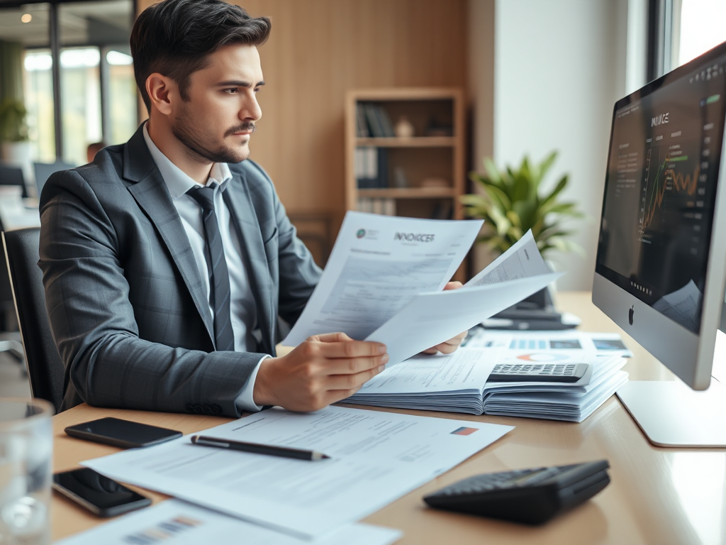 Kế toán viên đang xem xét hóa đơn và tài liệu tài chính trên bàn làm việc, có máy tính và máy tính bỏ túi, trong không gian văn phòng hiện đại với ánh sáng tự nhiên