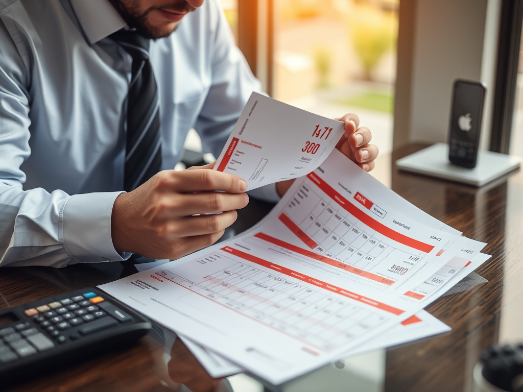 Kế toán viên đang xem xét tài liệu hóa đơn đỏ và hóa đơn thường trên bàn làm việc, trong môi trường văn phòng có máy tính và máy tính bỏ túi, ánh sáng tự nhiên.