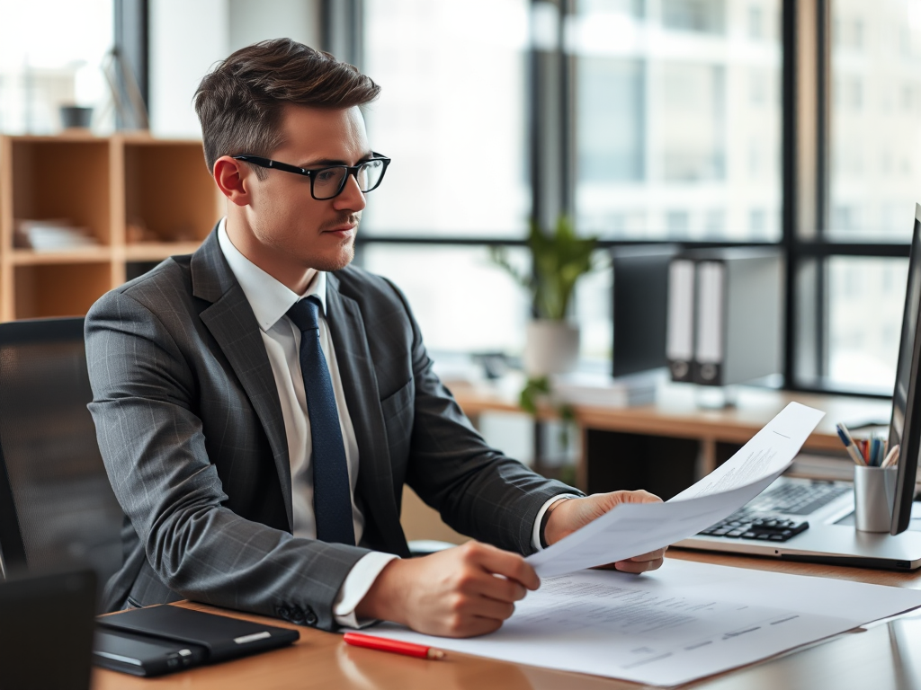 Kế toán viên đang xem xét tài liệu hóa đơn tại bàn làm việc trong văn phòng hiện đại với ánh sáng tự nhiên từ cửa sổ
