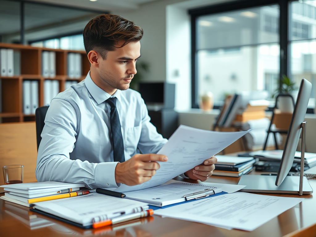 Kế toán viên đang xem xét tài liệu tại bàn làm việc với giấy tờ được sắp xếp gọn gàng trong văn phòng có ánh sáng tự nhiên từ cửa sổ, phong cách chụp ảnh doanh nghiệp chuyên nghiệp