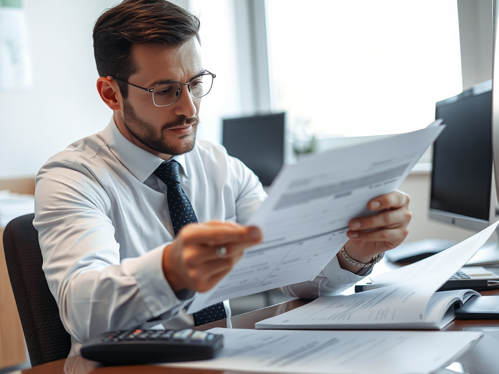 Kế toán viên đang xem xét tài liệu thuế tại bàn làm việc, biểu cảm tập trung, văn phòng có máy tính và máy tính bỏ túi, ánh sáng tự nhiên từ cửa sổ