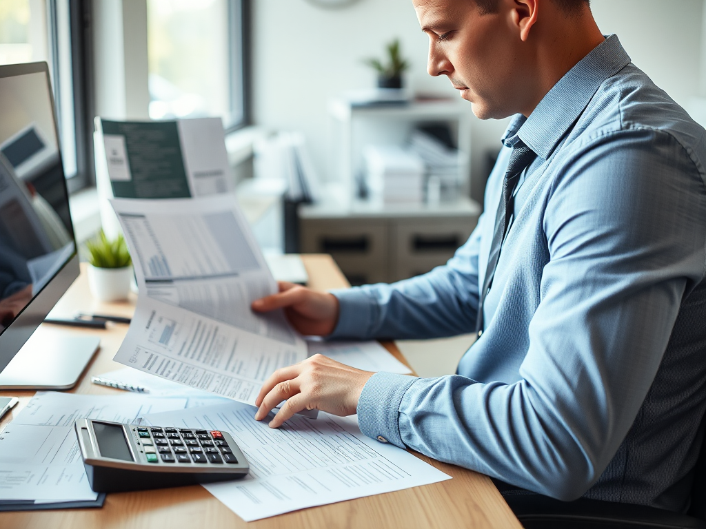 Kế toán viên đang xem xét tài liệu thuế tại bàn làm việc với giấy tờ được sắp xếp gọn gàng, máy tính và màn hình máy tính trong văn phòng hiện đại có ánh sáng tự nhiên