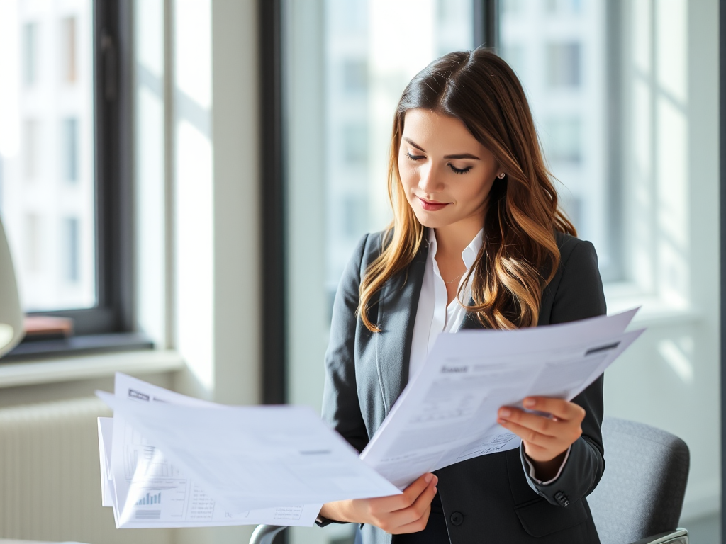 Kế toán viên đang xem xét tài liệu thuế trong văn phòng hiện đại với ánh sáng tự nhiên từ cửa sổ, thể hiện sự chuyên nghiệp trong công việc quản lý hóa đơn GTGT