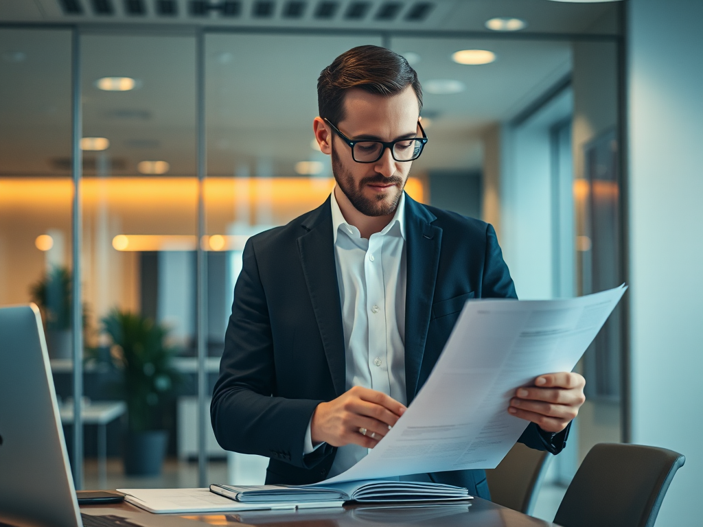 Kế toán viên đang xem xét tài liệu trong văn phòng hiện đại với ánh sáng ấm áp, thể hiện sự chuyên nghiệp trong quy trình làm hóa đơn đỏ cho công ty TNHH