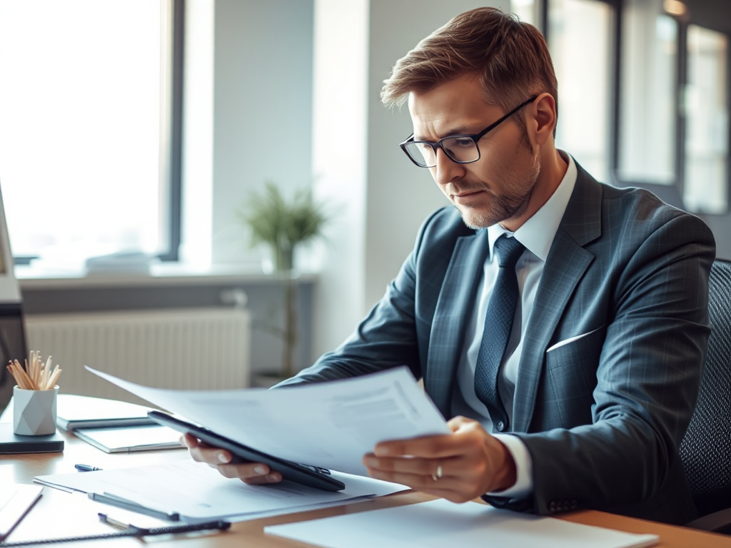 Kế toán viên đang xem xét tài liệu và sử dụng máy tính trong văn phòng, ánh sáng tự nhiên từ cửa sổ, không gian làm việc chuyên nghiệp