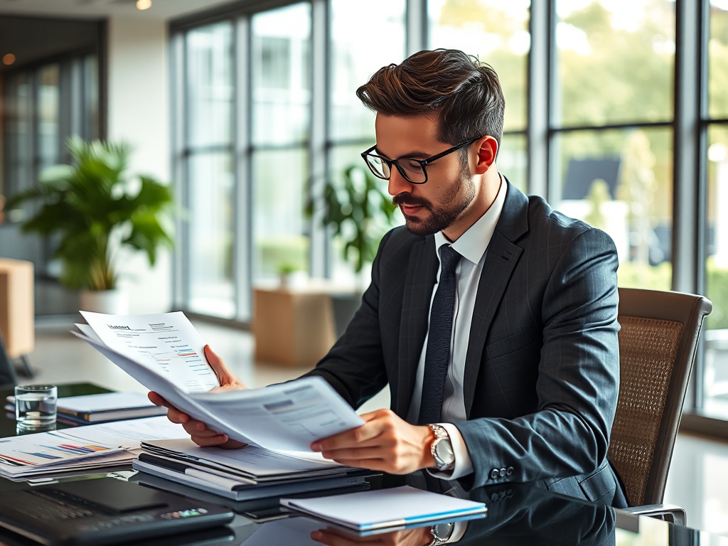 Kế toán viên đang xử lý hóa đơn và tài liệu kế toán trên máy tính trong văn phòng hiện đại, ánh sáng tự nhiên dịu nhẹ, môi trường làm việc chuyên nghiệp