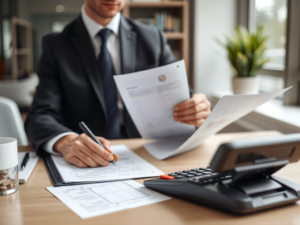 Kế toán viên làm việc tại bàn với tài liệu và máy tính, văn phòng hiện đại, ánh sáng tự nhiên, phong cách chụp ảnh doanh nghiệp chuyên nghiệp