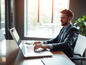 Kế toán viên làm việc trên laptop trong văn phòng hiện đại, ánh sáng tự nhiên từ cửa sổ, tập trung vào quy trình lập hóa đơn điện tử, môi trường làm việc chuyên nghiệp