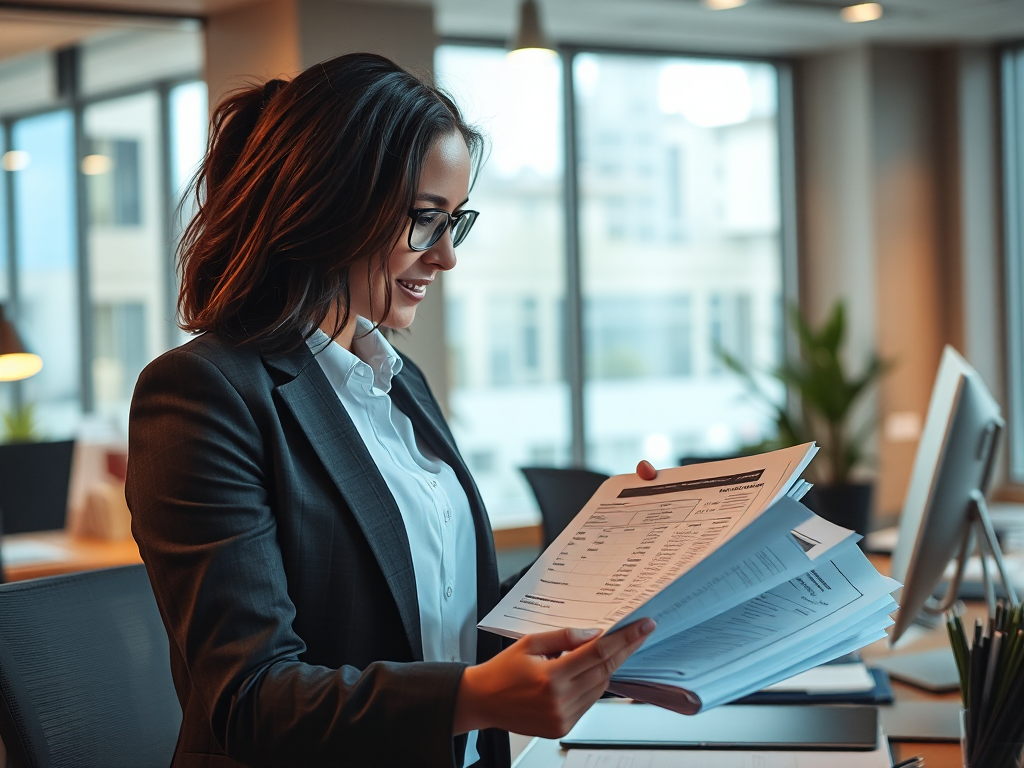 Kế toán viên sắp xếp hóa đơn và tài liệu kế toán trong văn phòng hiện đại với ánh sáng ấm áp, thể hiện quy trình quản lý hóa đơn đầu ra chuyên nghiệp
