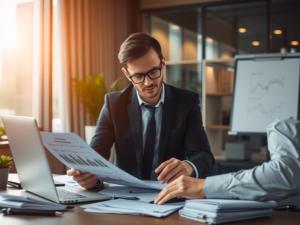 Kế toán viên sắp xếp tài liệu tài chính trên bàn làm việc hiện đại với ánh sáng ấm áp, văn phòng công ty chuyên nghiệp