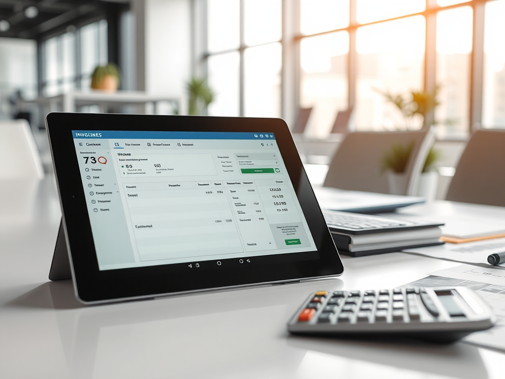 Không gian làm việc văn phòng hiện đại với máy tính bảng hiển thị phần mềm quản lý hóa đơn, bàn làm việc ngăn nắp với máy tính và tài liệu, ánh sáng tự nhiên rõ ràng