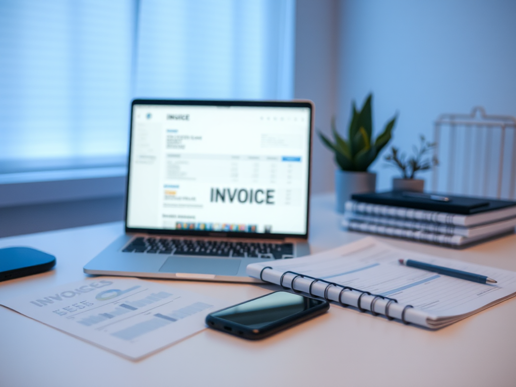 Màn hình laptop hiển thị giao diện tạo hóa đơn VAT trực tuyến, điện thoại thông minh và tài liệu được sắp xếp gọn gàng trên bàn làm việc hiện đại với ánh sáng xanh dịu mắt.