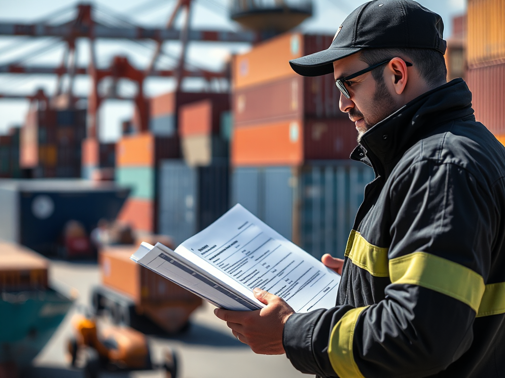 Nhân viên hải quan kiểm tra hồ sơ nhập khẩu tại cảng biển, container hàng hóa xếp chồng, ánh sáng ban ngày rõ ràng, phong cách ảnh tư liệu
